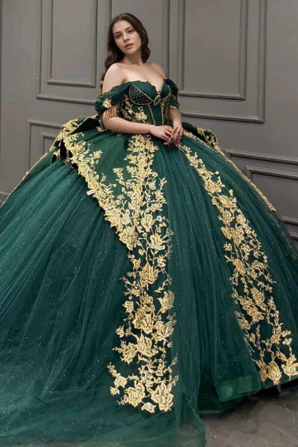 Off Shoulder Sleeveless Gold Sequins Beaded Crystal Dark Green Quinceanera Dress