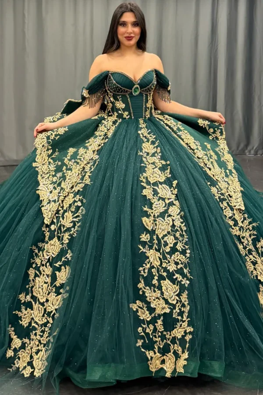 Off Shoulder Sleeveless Gold Sequins Beaded Crystal Dark Green Quinceanera Dress