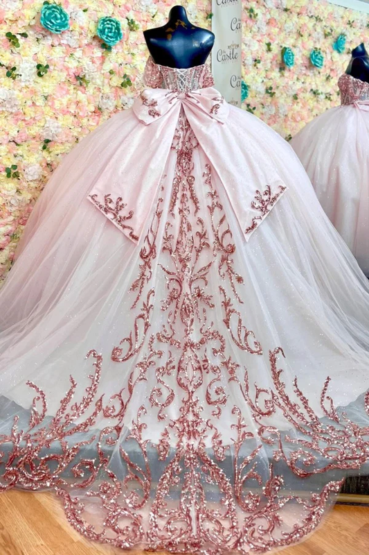 Off Shoulder Sleeveless Sequins Appliques Bow Knot Pink Quinceanera Dress