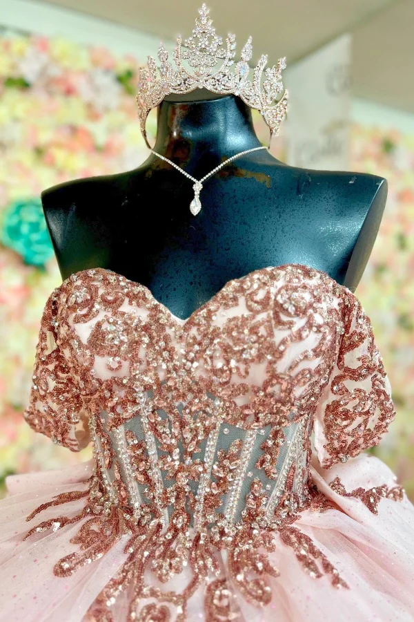 Off Shoulder Sleeveless Sequins Appliques Bow Knot Pink Quinceanera Dress