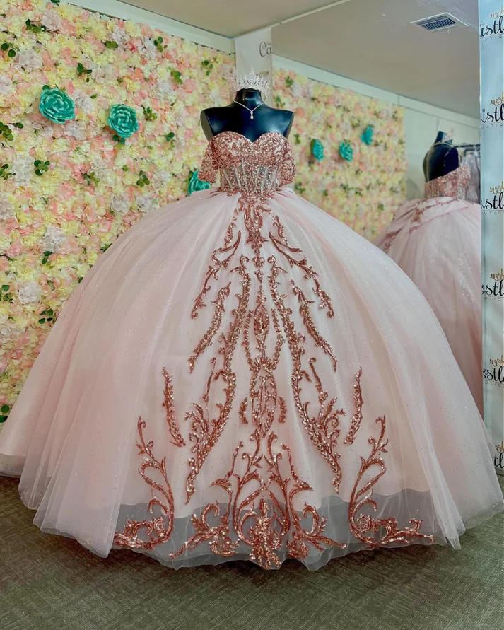Off Shoulder Sleeveless Sequins Appliques Bow Knot Pink Quinceanera Dress