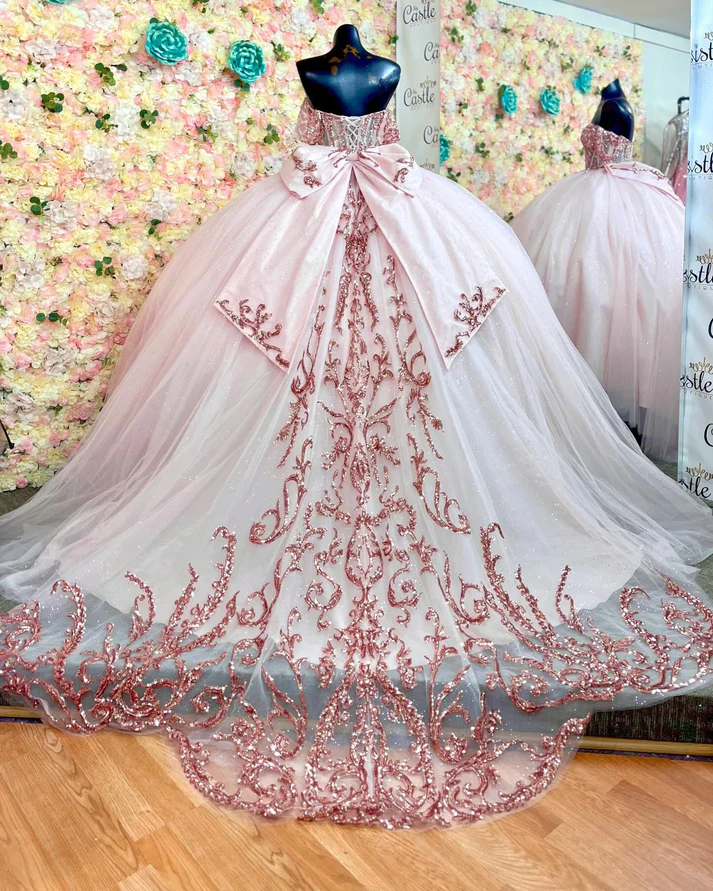 Off Shoulder Sleeveless Sequins Appliques Bow Knot Pink Quinceanera Dress