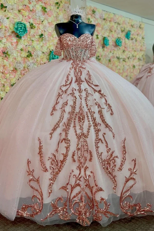 Off Shoulder Sleeveless Sequins Appliques Bow Knot Pink Quinceanera Dress