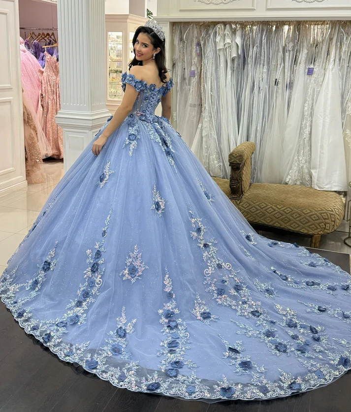 Off Shoulder Tulle 3D Flower Appliqued Quinceanera Dresses for Sweet 16 Birthday