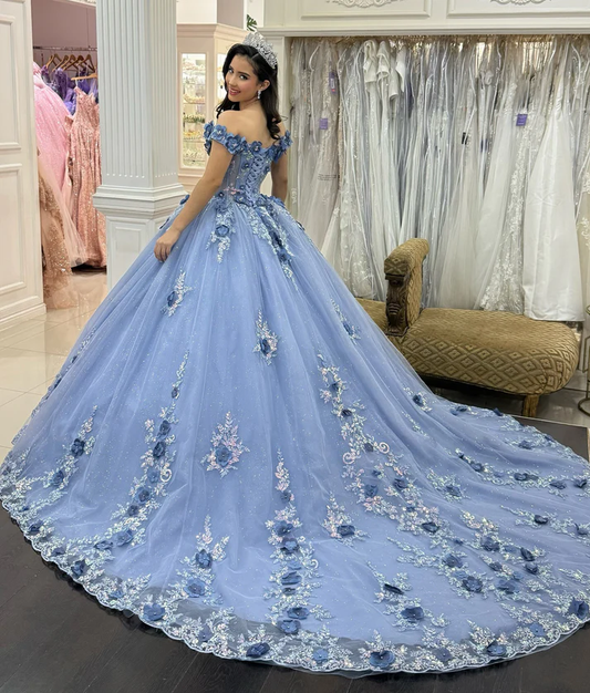 Off Shoulder Tulle 3D Flower Appliqued Quinceanera Dresses for Sweet 16 Birthday