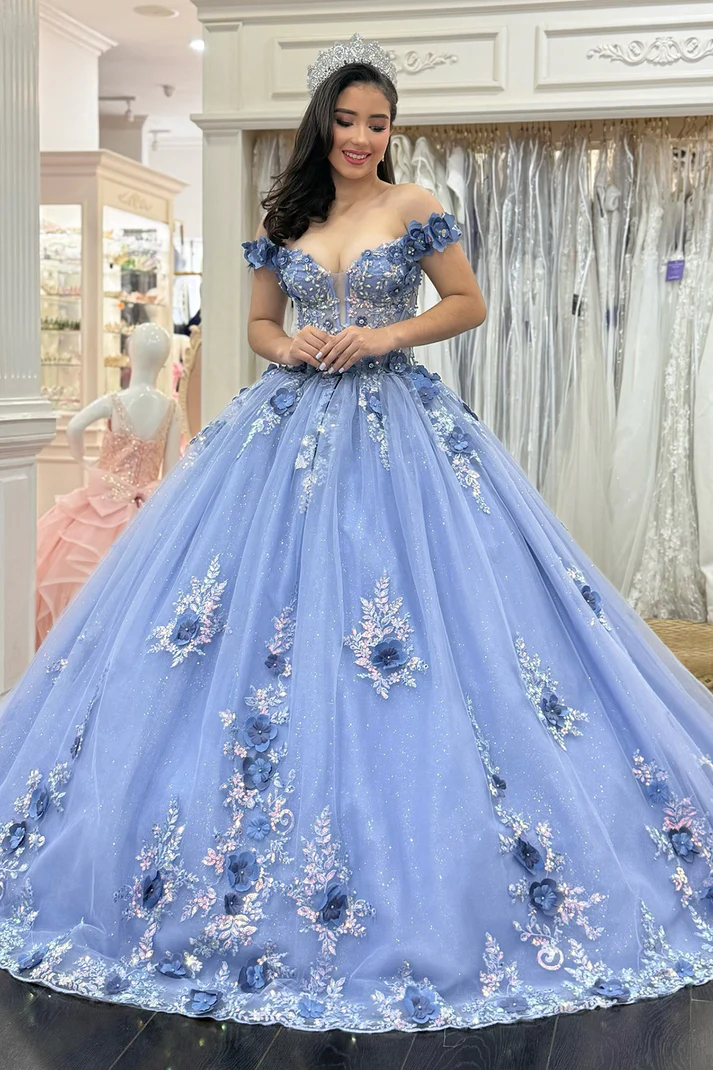 Off Shoulder Tulle 3D Flower Appliqued Quinceanera Dresses for Sweet 16 Birthday