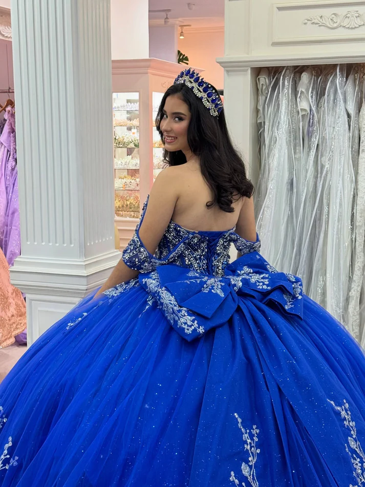 Off Shoulder Tulle Appliqued Beaded Royal Quinceanera Dresses for Sweet 16