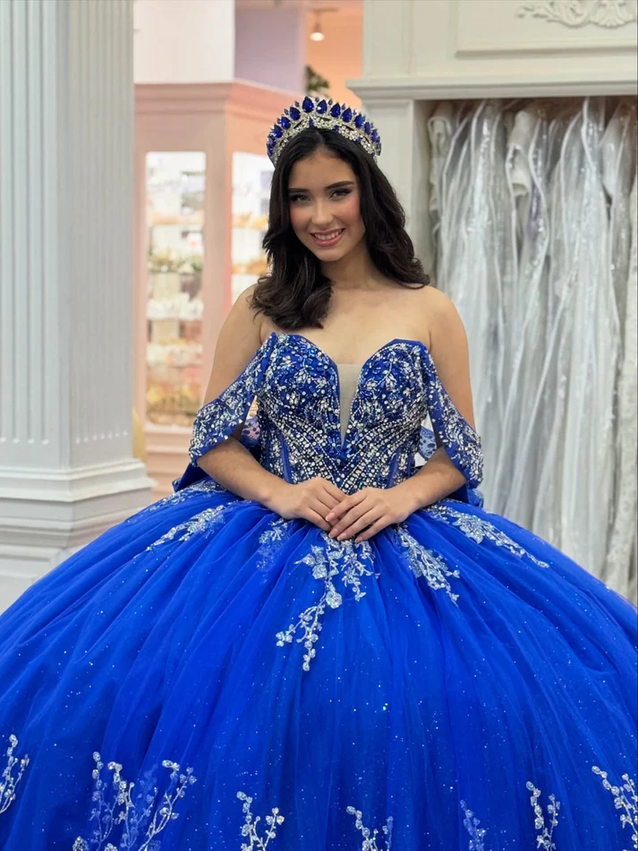 Off Shoulder Tulle Appliqued Beaded Royal Quinceanera Dresses for Sweet 16