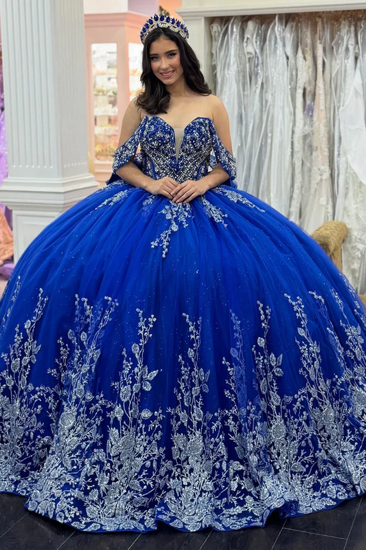Off Shoulder Tulle Appliqued Beaded Royal Quinceanera Dresses for Sweet 16