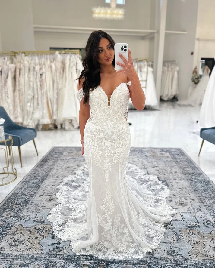 Off Shoulder Tulle Lace Appliqued Mermaid Boho Wedding Dresses for Bride