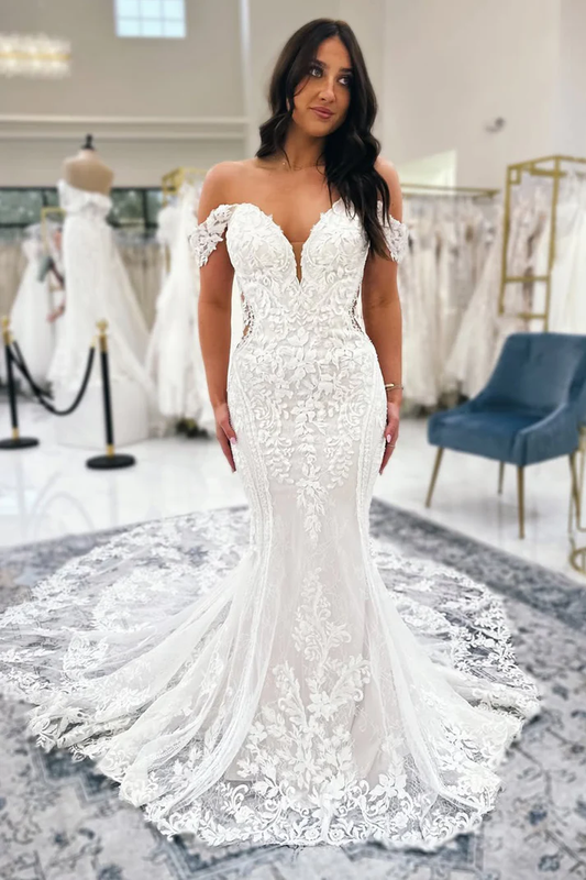 Off Shoulder Tulle Lace Appliqued Mermaid Boho Wedding Dresses for Bride