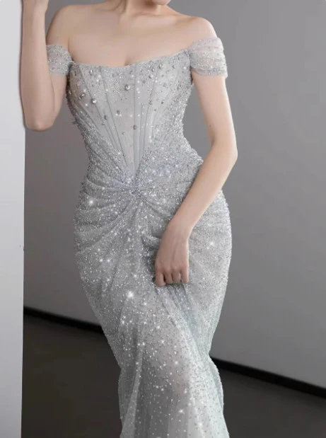 Mermaid Gown💍 Off The Shoulder Tulle Sequins Long Prom Dress for Formal Events