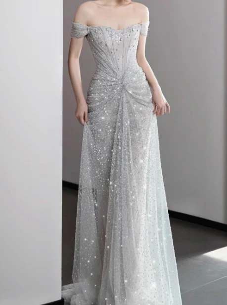 Mermaid Gown💍 Off The Shoulder Tulle Sequins Long Prom Dress for Formal Events