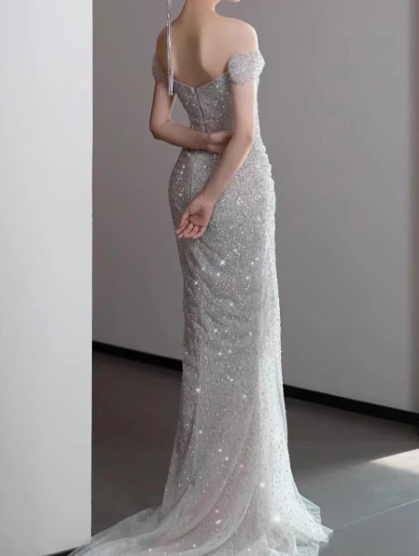 Mermaid Gown💍 Off The Shoulder Tulle Sequins Long Prom Dress for Formal Events