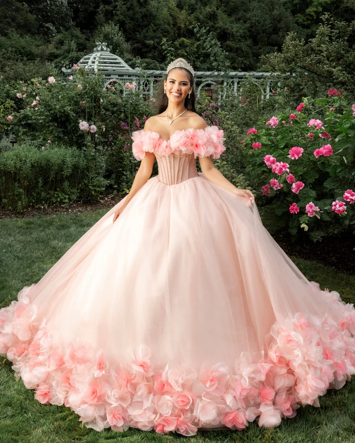 Off Shoulder Sleeveless Beaded 3D Flower Appliques Pink Sweet 15 Quinceañera Dress