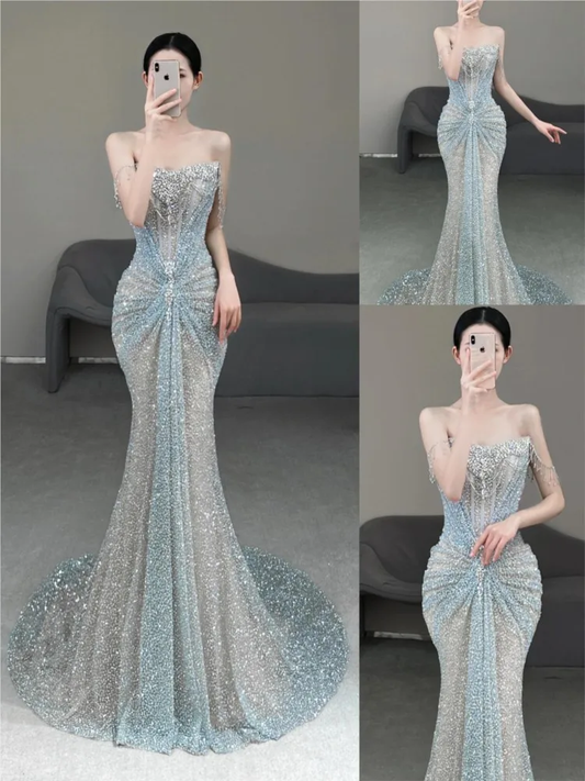 One-shoulder heavy sequined elegant banquet fishtail light luxury niche dress