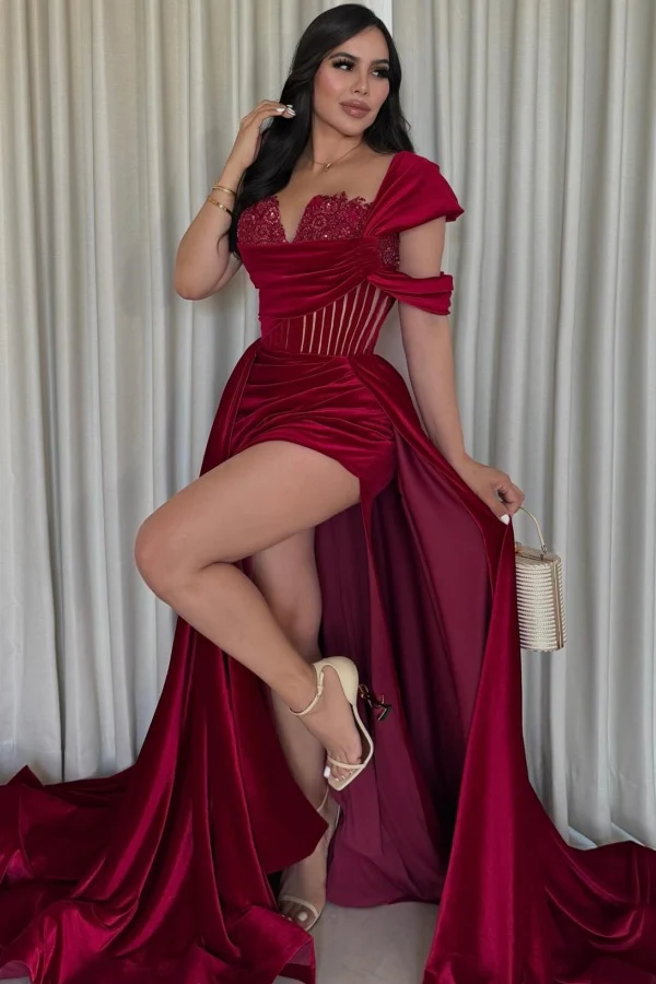 One Shoulder Strapless Appliques Burgundy Velvet High Side Slit Prom Dress