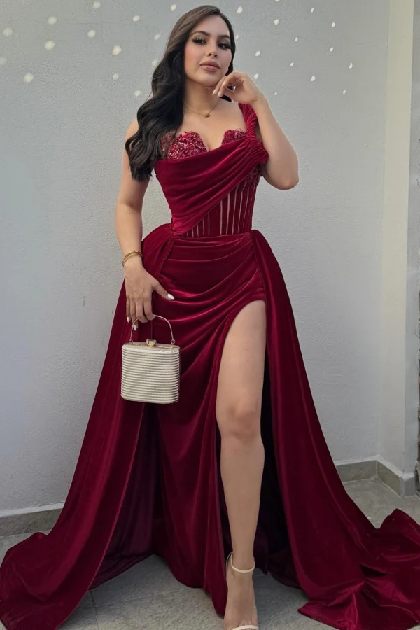 One Shoulder Strapless Appliques Burgundy Velvet High Side Slit Prom Dress