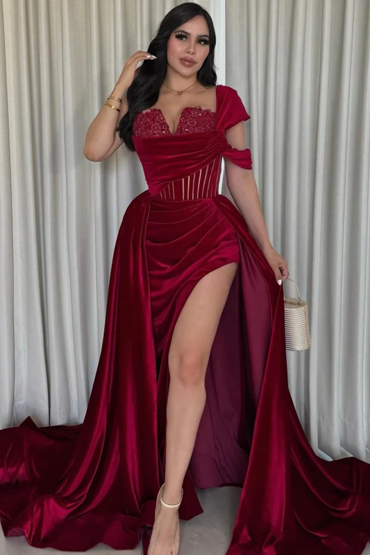 One Shoulder Strapless Appliques Burgundy Velvet High Side Slit Prom Dress