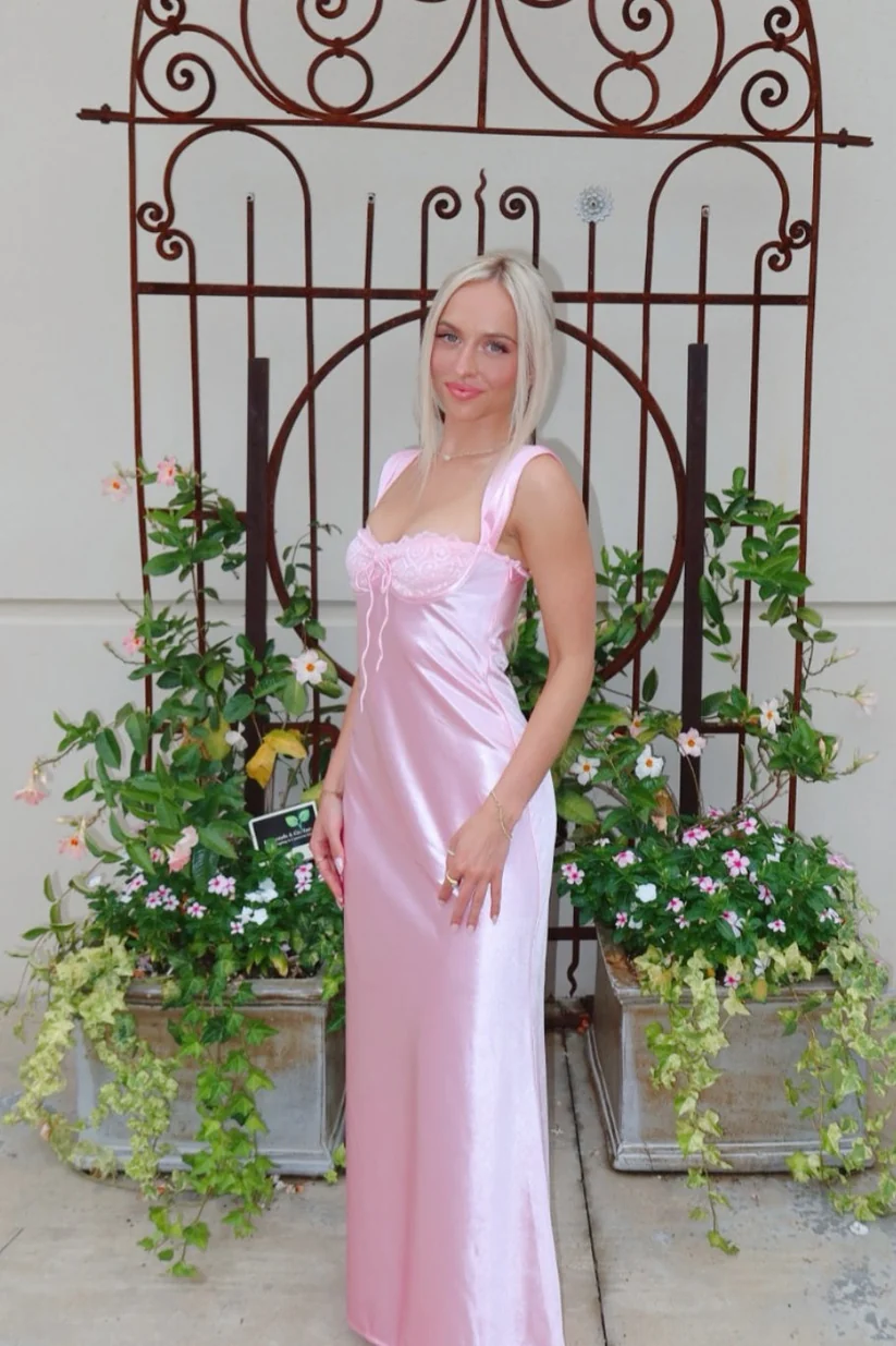 Pink Satin A-Line Lace Bust Long Prom Dress