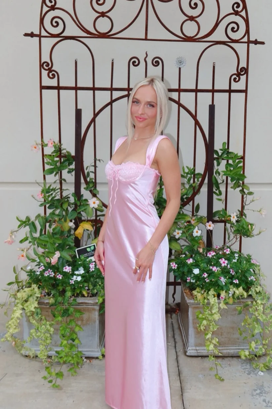 Pink Satin A-Line Lace Bust Long Prom Dress