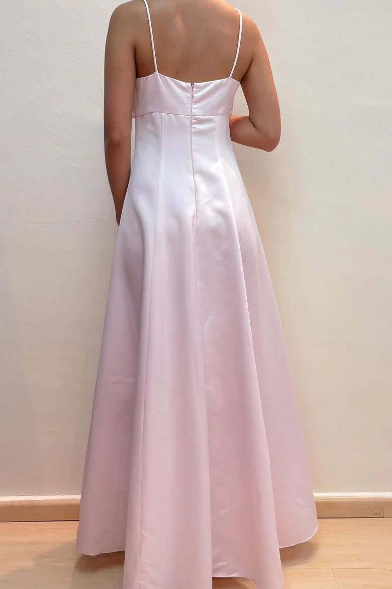 Pink Spaghetti Straps Appliques Empire-Waist Satin Prom Dress