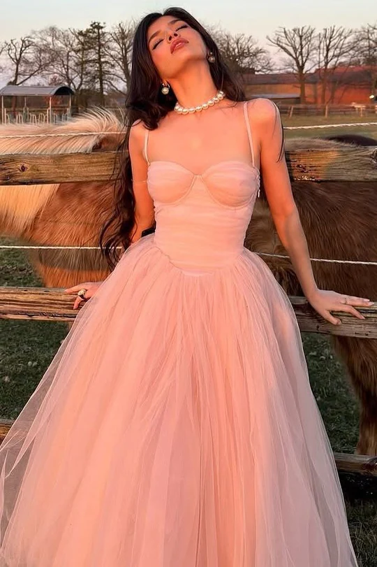 Pink Spaghetti Straps Empire-Waist Tulle Long Prom Party Dress