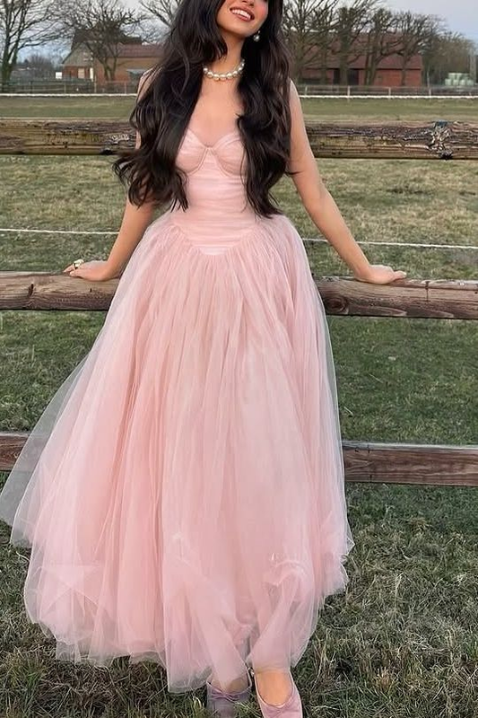 Pink Spaghetti Straps Empire-Waist Tulle Long Prom Party Dress
