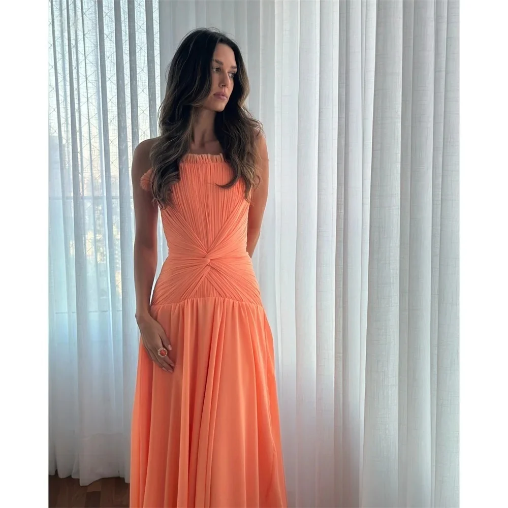 Pink Strapless Chiffon Long Bespoke Occasion Gown Evening Dresses Prom Pastrol Unisex Jersey Retro Dubai Saudi Arabic Customized