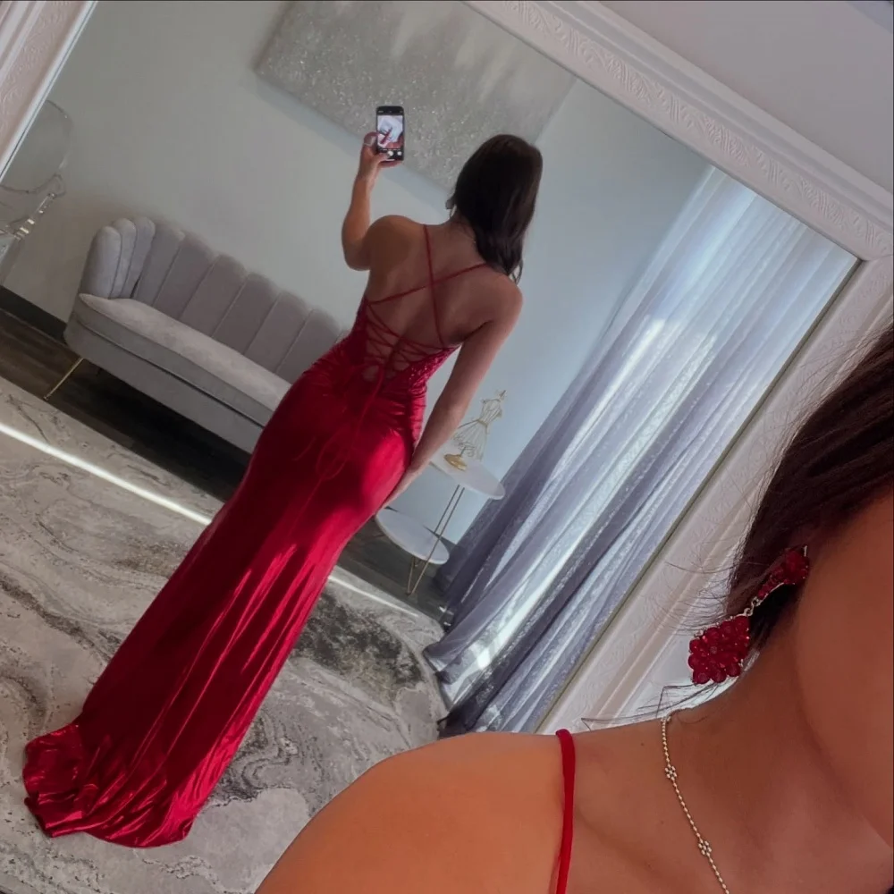 Pleats Spaghetti Strap Mermaid Prom Dresses Side Slit Red Lace-Splicing Sexy Formal Evening Customized
