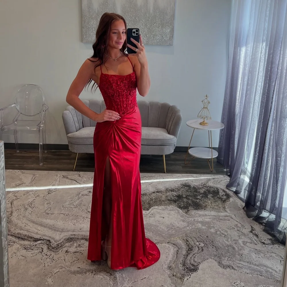 Pleats Spaghetti Strap Mermaid Prom Dresses Side Slit Red Lace-Splicing Sexy Formal Evening Customized