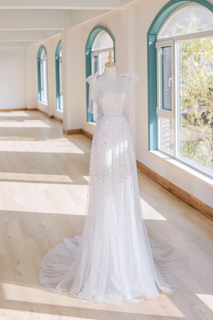 Princess A Line Spaghetti Straps White Tulle With Bow-knot For Women Party Dress Formal Prom Dresses 22th Birthday Outfits