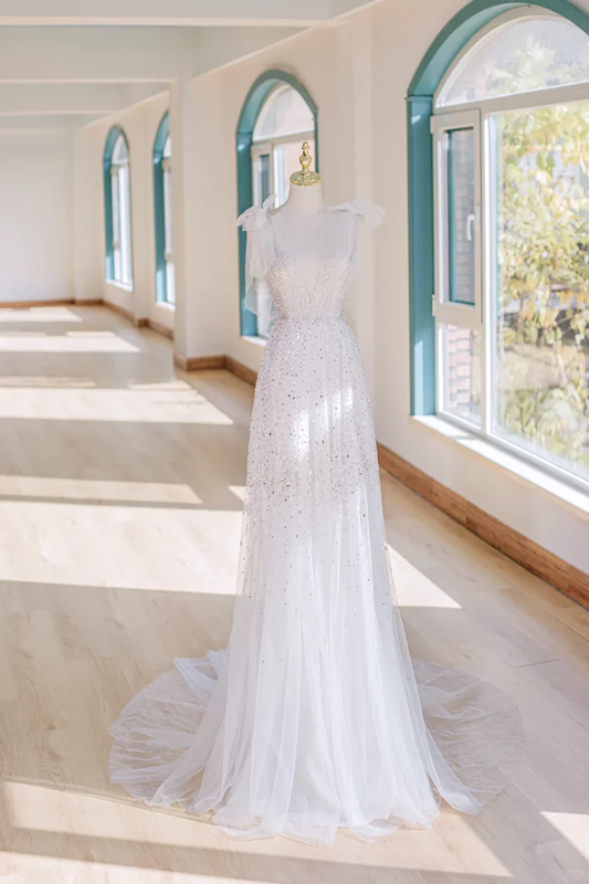 Princess A Line Spaghetti Straps White Tulle With Bow-knot For Women Party Dress Formal Prom Dresses 22th Birthday Outfits