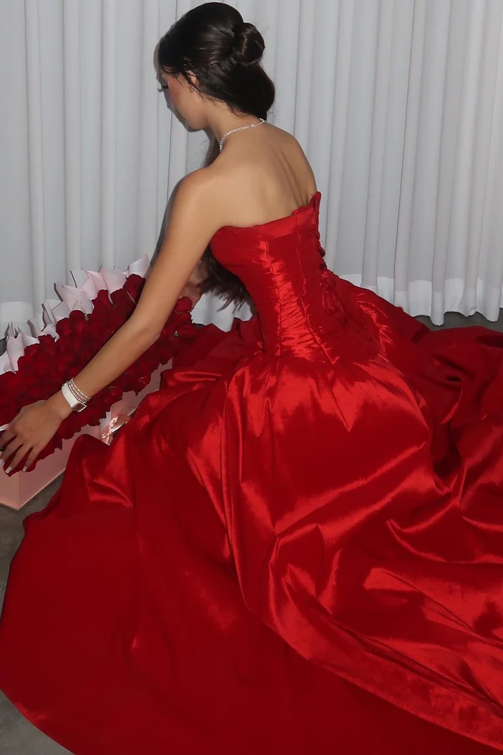 Princess A Line Strapless Red Long Party Dress with Ruffles