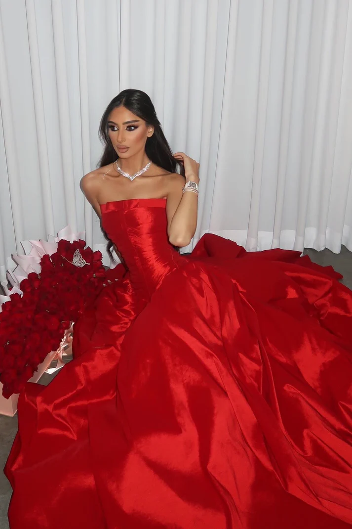 Princess A Line Strapless Red Long Party Dress with Ruffles