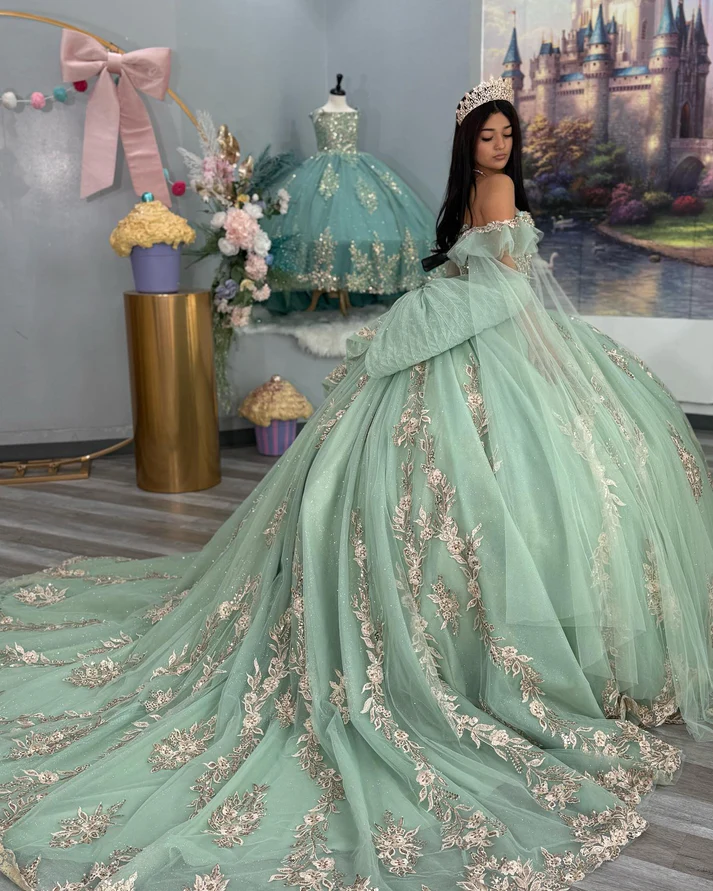 Princess Ball Gown Off Shoulder Tulle Appliqued Quinceanera Dresses for Teens