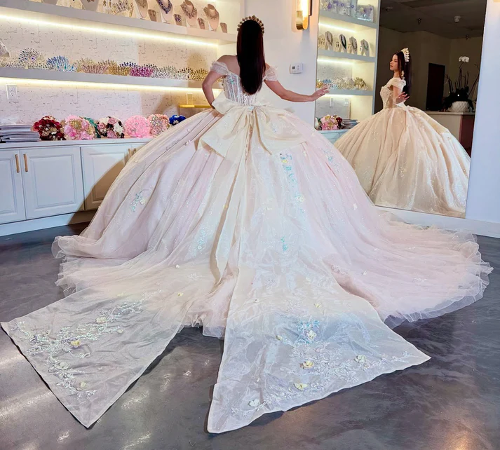 Princess Off Shoulder Glittery Tulle Beaded Quinceanera Dresses with Bowknot