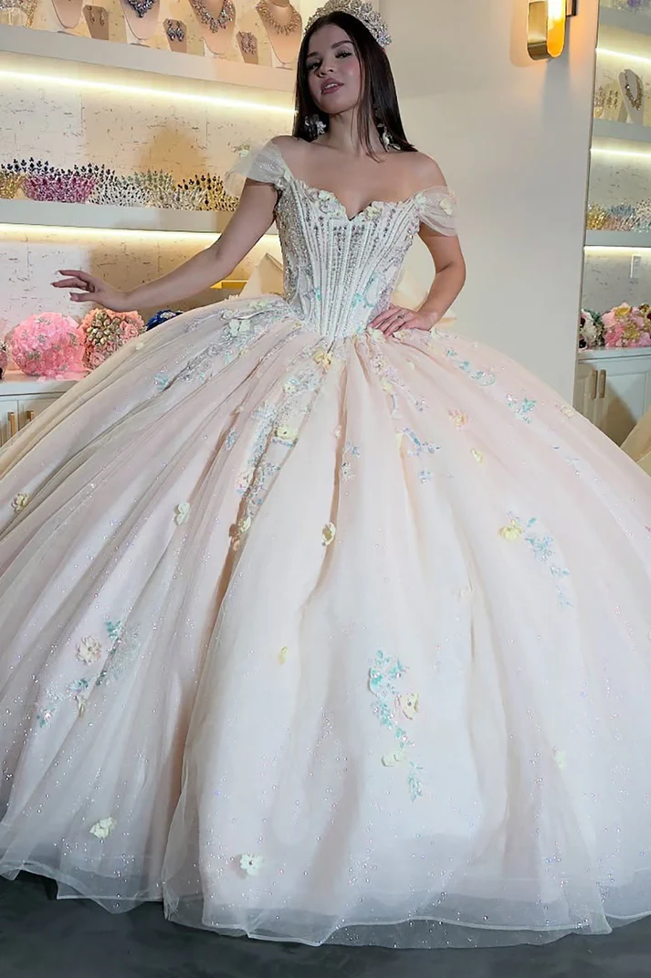 Princess Off Shoulder Glittery Tulle Beaded Quinceanera Dresses with Bowknot