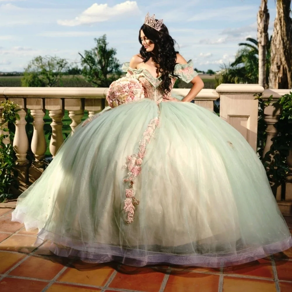 Puffy Quinceanera Dresses Ball Gown Off The Shoulder Appliques Beaded Sweet 16 Dresses 15 Años Customized