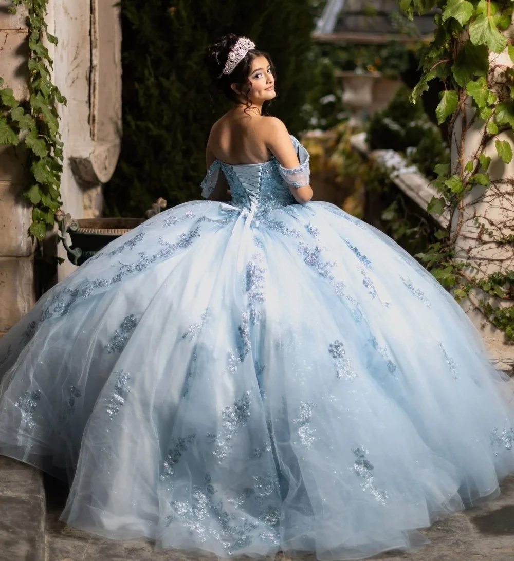 Puffy Quinceanera Dresses Ball Gown Off The Shoulder Appliques Pearls Sweet 16 Dresses 15 Años Customized