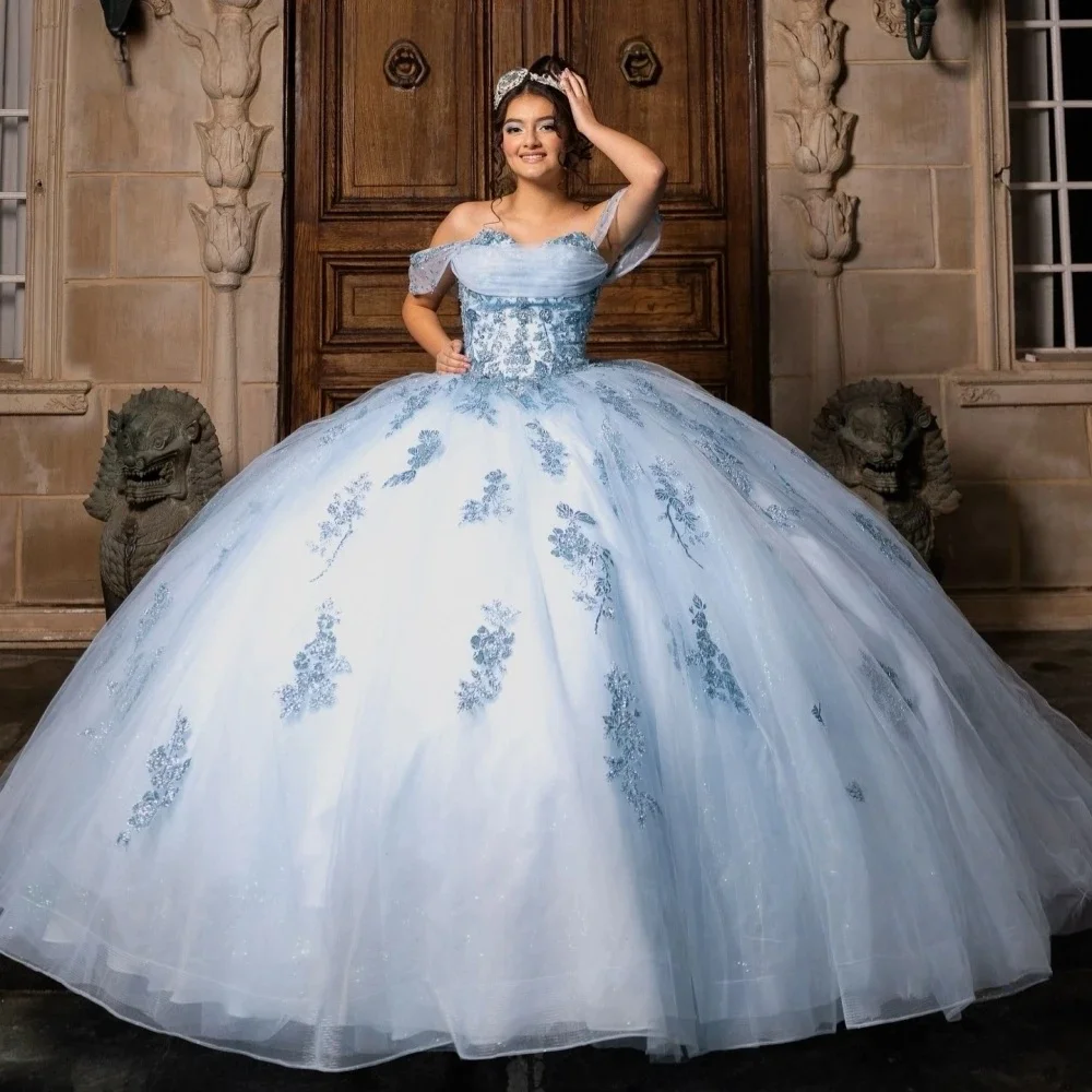 Puffy Quinceanera Dresses Ball Gown Off The Shoulder Appliques Pearls Sweet 16 Dresses 15 Años Customized