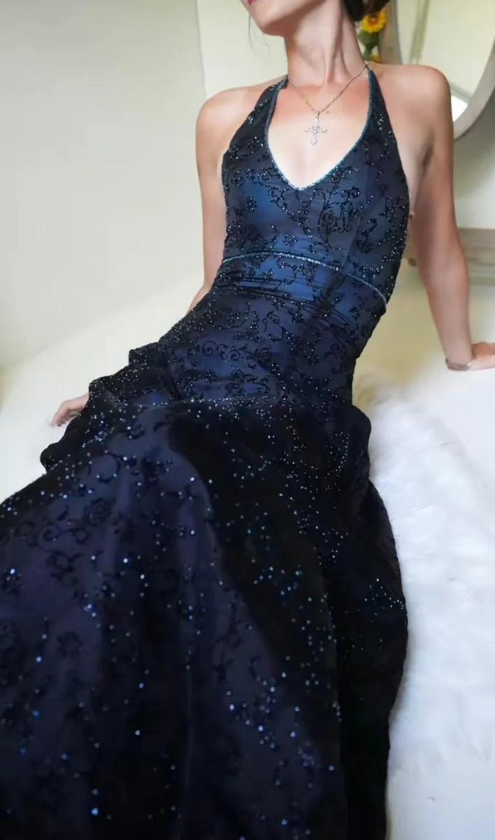 Purple Lace Halter Prom Dresses Long Evening Party Dress