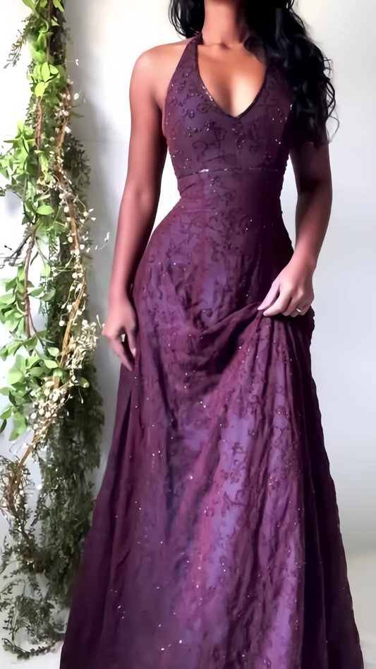 Purple Lace Halter Prom Dresses Long Evening Party Dress