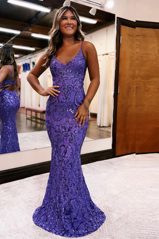 Purple V Neck Sequins Lace Mermaid Long Prom Dresses