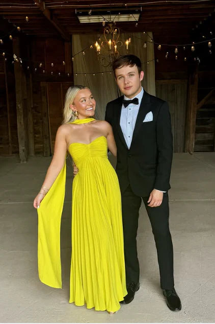 Yellow green fashion simple elegant tube top off shoulder long chiffon ball gown party dress evening dress with scarf Prom Dress