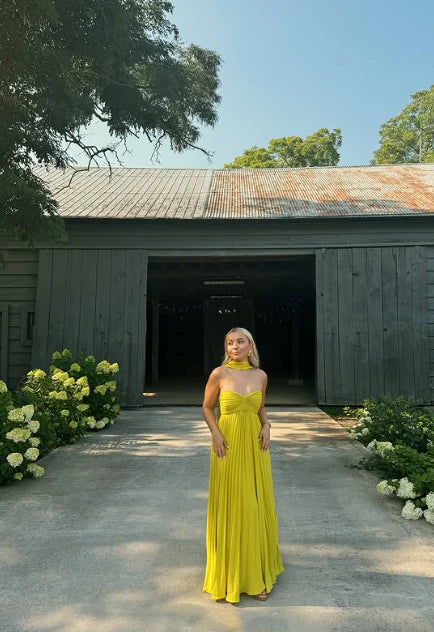 Yellow green fashion simple elegant tube top off shoulder long chiffon ball gown party dress evening dress with scarf Prom Dress