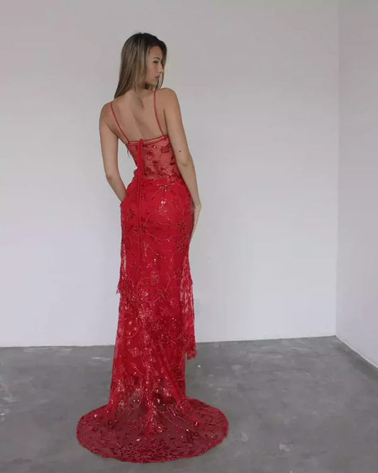 Red Mermaid Spaghetti Straps Tulle Lace Long Prom Dress Sexy Birthday Dress