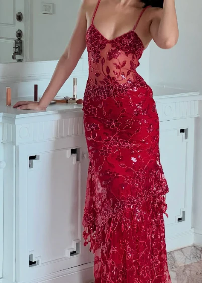 Red Mermaid Spaghetti Straps Tulle Lace Long Prom Dress Sexy Birthday Dress