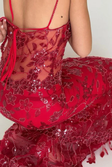 Red Mermaid Spaghetti Straps Tulle Lace Long Prom Dress Sexy Birthday Dress