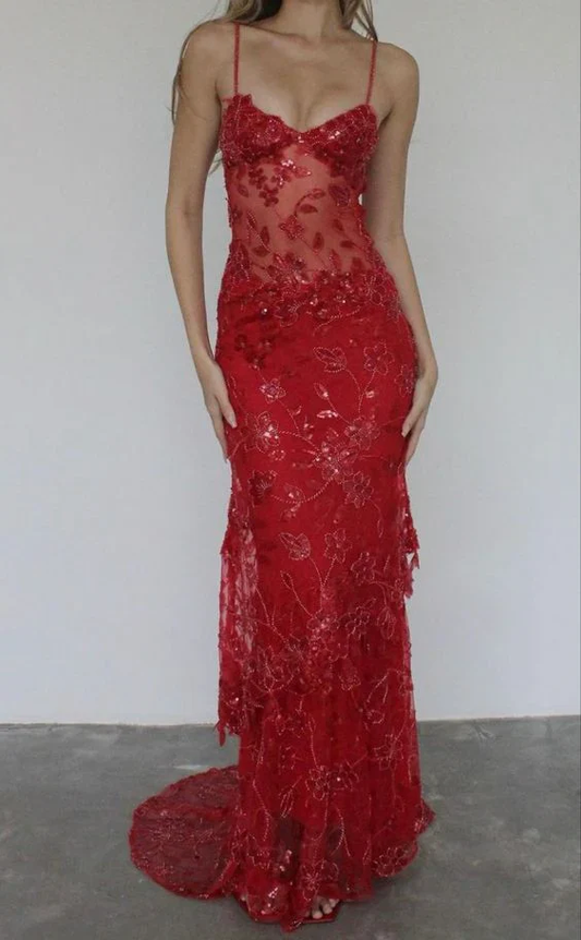 Red Mermaid Spaghetti Straps Tulle Lace Long Prom Dress Sexy Birthday Dress